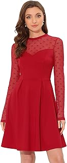 Party Dress for Women's Heart Mesh Sheer Sleeve Crew Neck Skater Short Dress