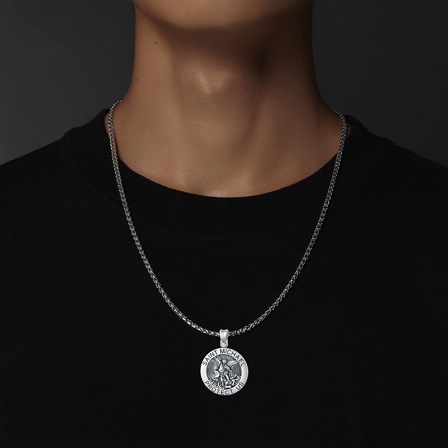 Collana in argento Sterling 925 con ciondolo di San Michele, per uomo e donna, con ciondolo di San Michele, amuleto, idea regalo, 23mm x 23mm, Argento sterling, Non pietra preziosa