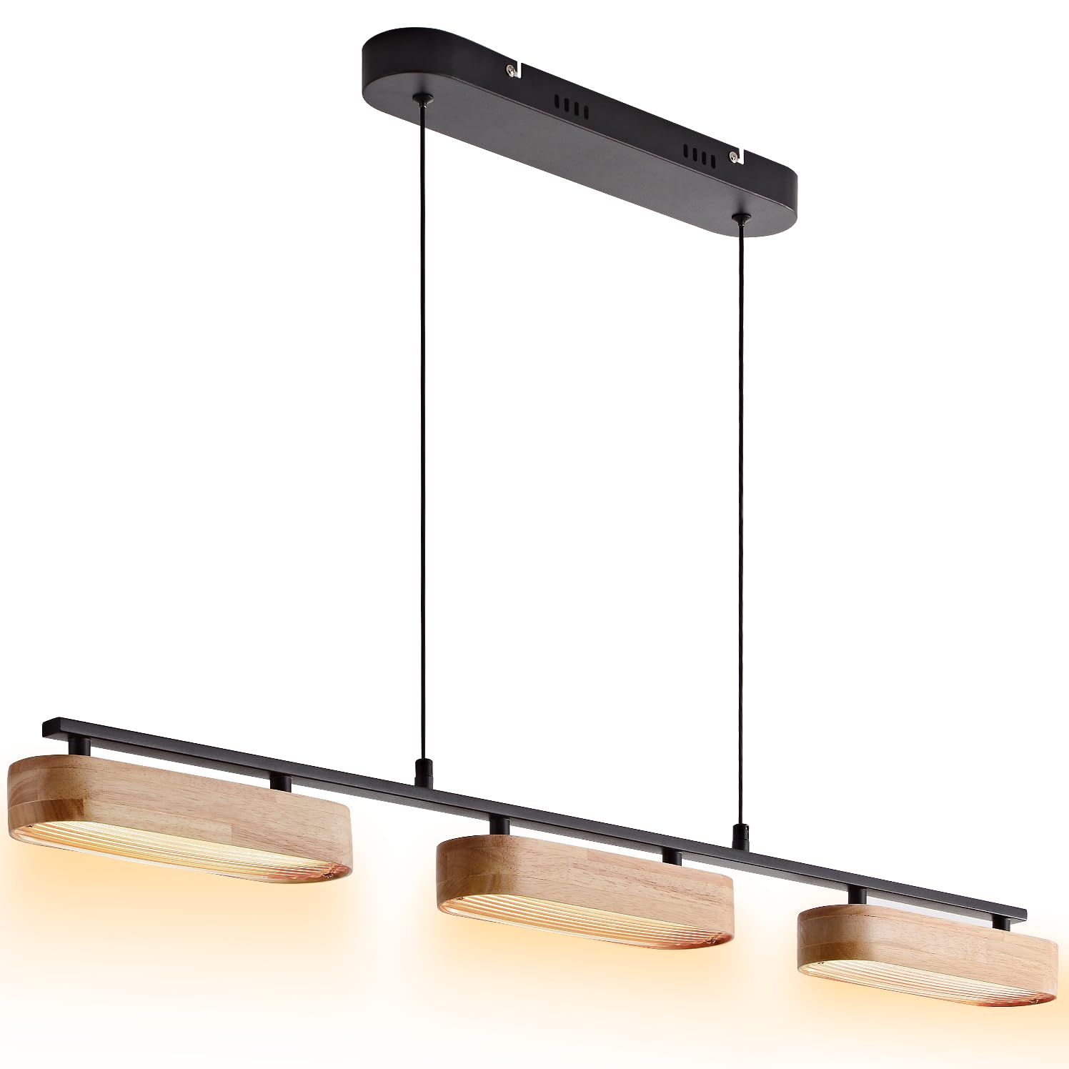 37.6” Farmhouse Island Lights for Kitchen, 28W Wood Linear Chandelier, LED Dimmable Dining Room Light Fixture, 3-Light Pendant Lights for Kitchen Island over Table