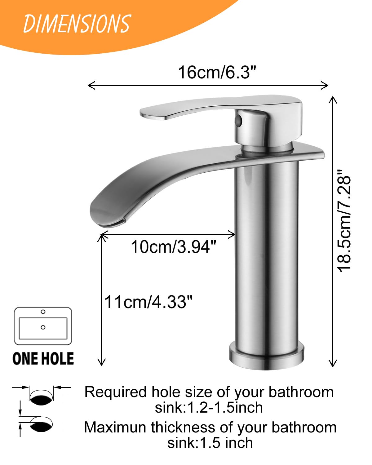 Beelee Robinet de lavabo cascade monotrou avec raccord d'eau froide et chaude G3/8", chromé, robinet moderne pour lavabo de salle de bain
