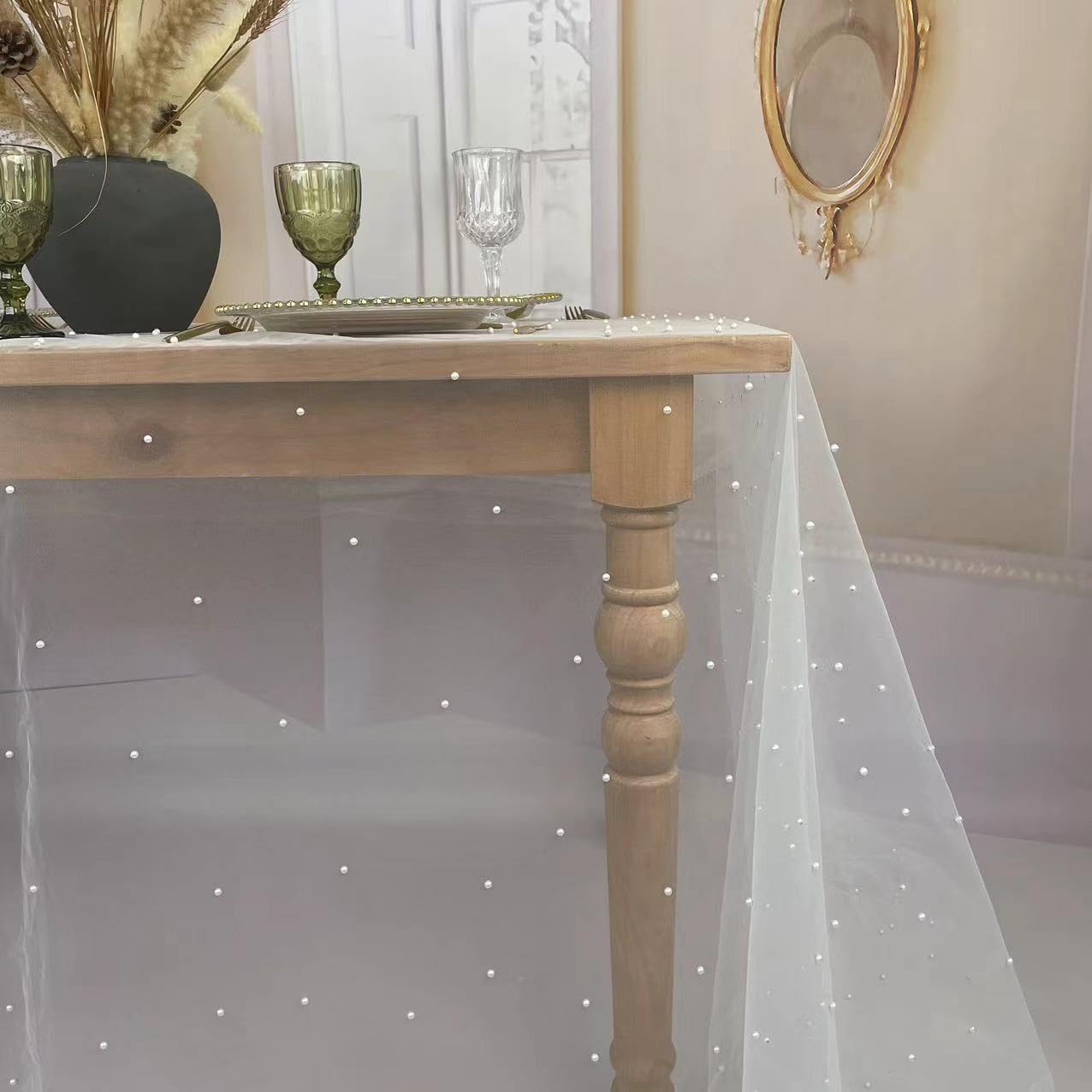 4 pezzi 3 m 152 x 305 cm bianco perla tovaglia elegante poliestere runner da tavola con accenti di perle artificiali extra lungo tulle runner da tavola per matrimoni