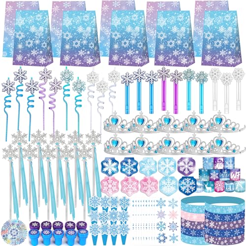 Fumogym 234PCS Frozen Party Favors Supplies Decorations Kit Include Goodies Bags Straws Bubble Wands Crowns Magic Wands Notebook Cake Toppers & More