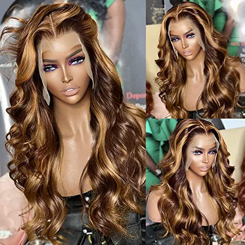 200% Density 13x6 Honey Blonde Highlight Lace Front Wigs Human Hair For Women With Baby Hair HD Transparent Ombre Body Wave Lace Front Wig Human Hair Glueless Wigs Human Hair Pre Plucked Brazilian Virgin Human Hair Wigs (22 Inch, Ombre Lace Front Wig Human Hair)