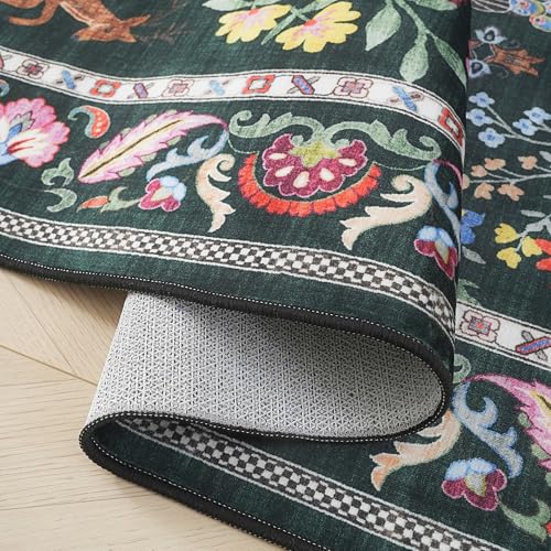 Living Room Rug 5x7 Rug Machine Washable Area Rug Floral Non-Slip Low Pile Large Rugs for Living Room, Bedroom, Farmhouse, Dining Room, Kids Playroom (Emerald Green)