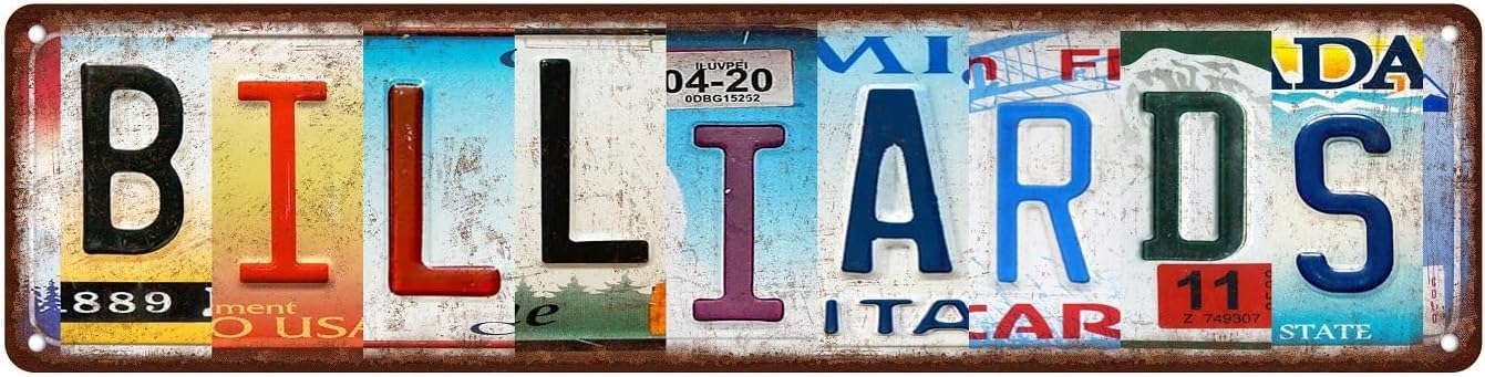 Peiyeety A007 Vintage Metal Tin Sign Billiards Vintage Sign, Retro Wall Decor For Home, Bar, Garage, Cafe, Man Cave, Game Room, Billiards Room, Rustic Wall Art For Indoor And Outdoor Decoration, 4X16 Inch