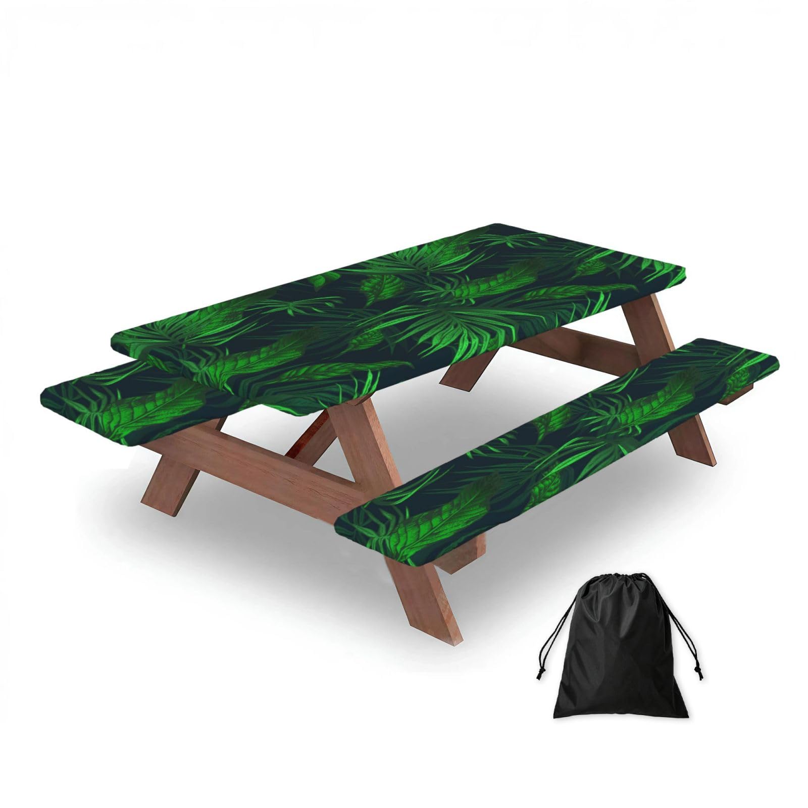 Dopklna As Picture Green Tropical Jungle Plant Printed, Picnic Table Cover With Bench Covers -Waterproof Elastic Fitted Tablecloth For Garden Camping Patio 76X152cm
