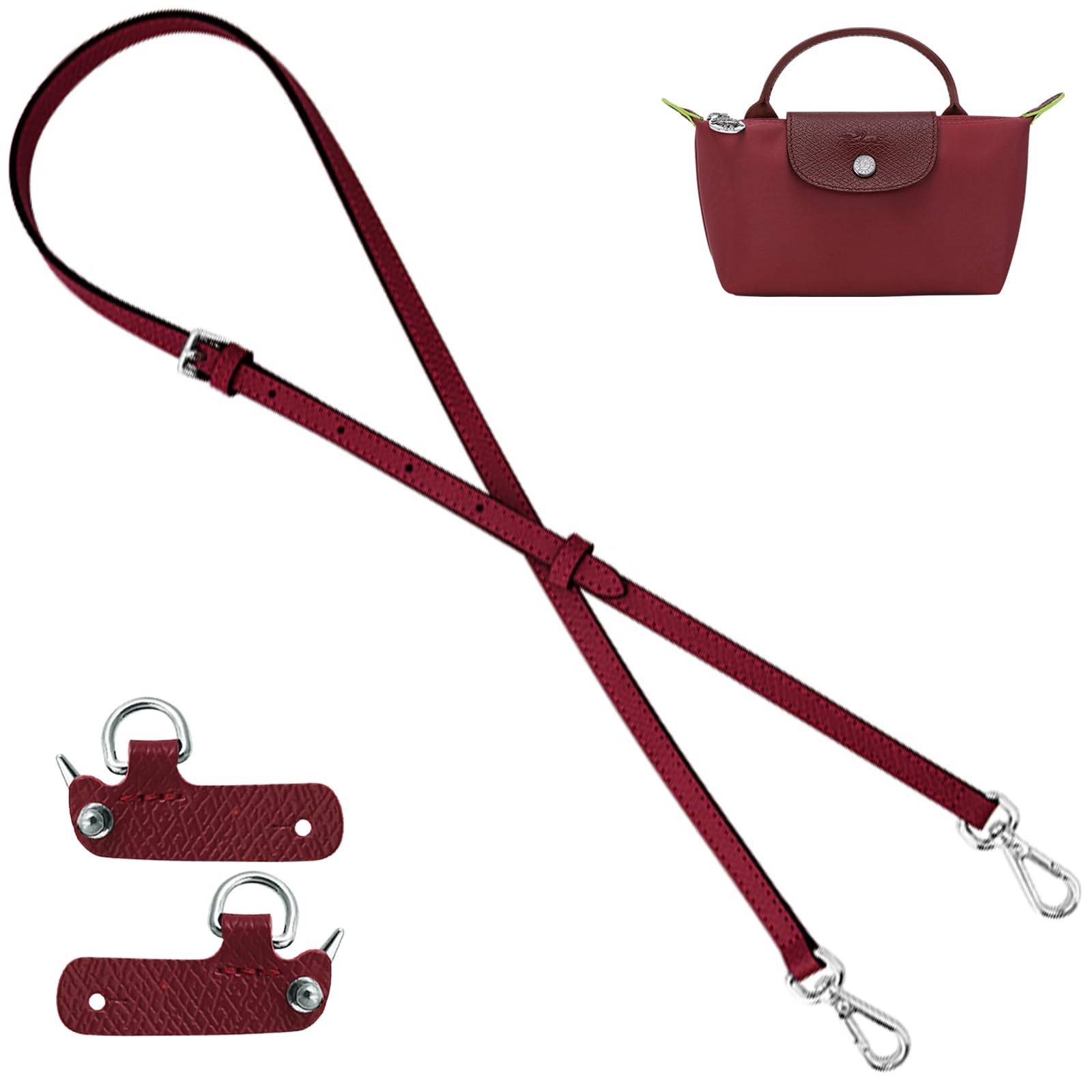 Bag Leather Strap Replacement Adjustable Crossbody Shoulder Straps for XS MINI Pouch, No Damage Conversion Kits Accessories (MINI-Pomegranate Red-Silver)