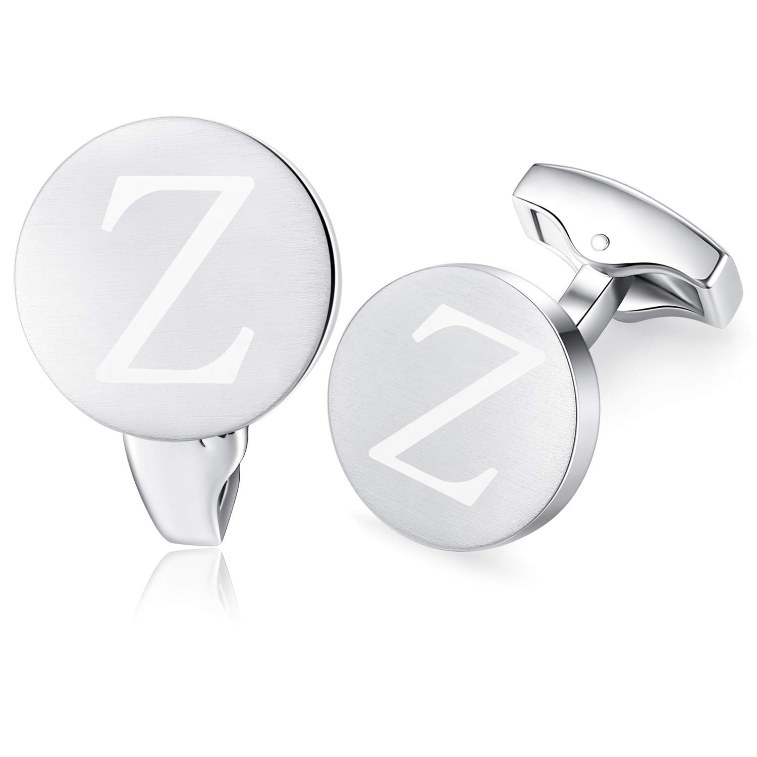 Honey Bear Men's Silver Initial Alphabet Letter Cufflinks For Brushed Round Shape Stainless Steel Wedding Business Cufflinks, A - Z (Z)