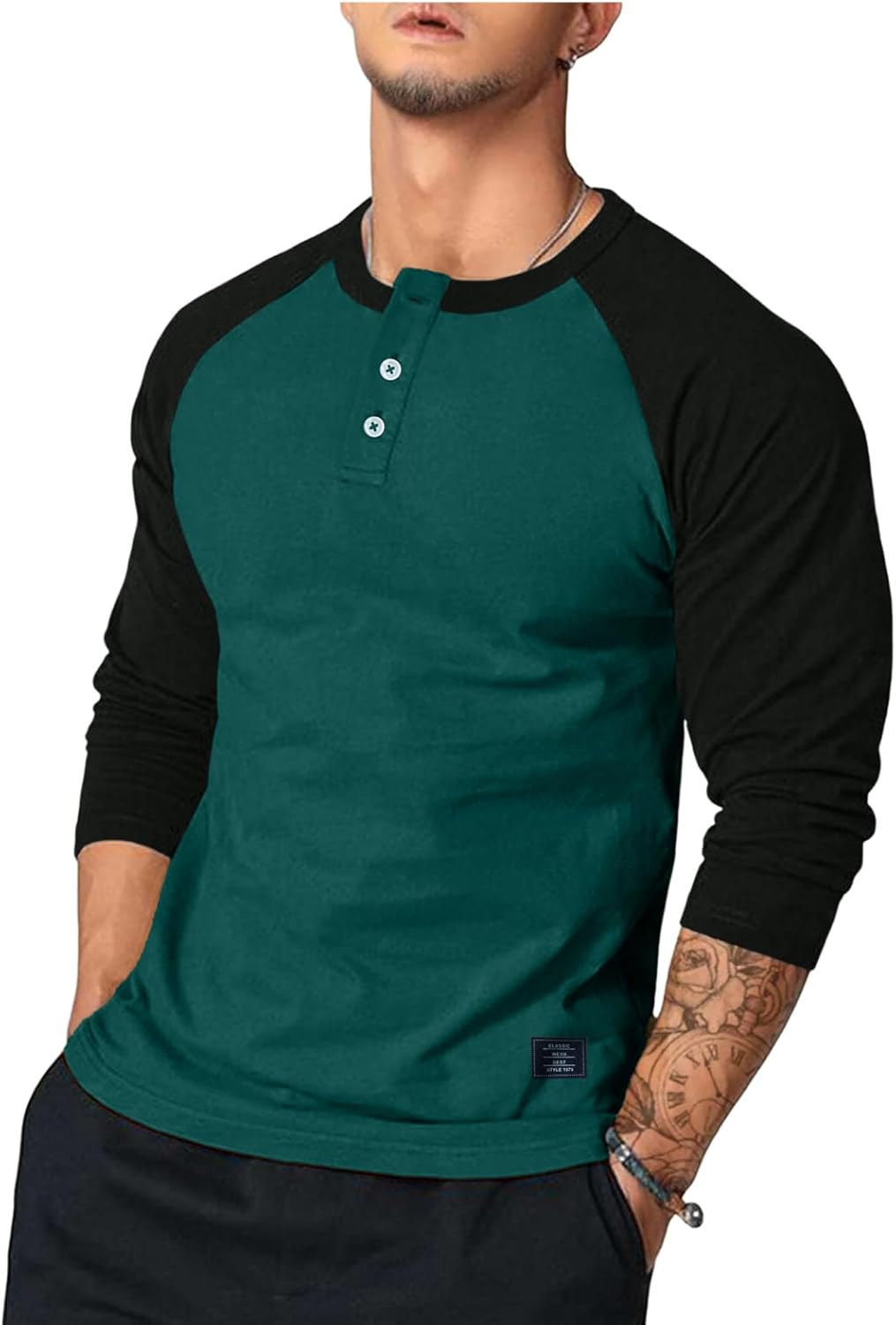 Men’s Henley Shirt Fall Crewneck Color Block Slim Fit Long Sleeve T Shirts Button Up Tees