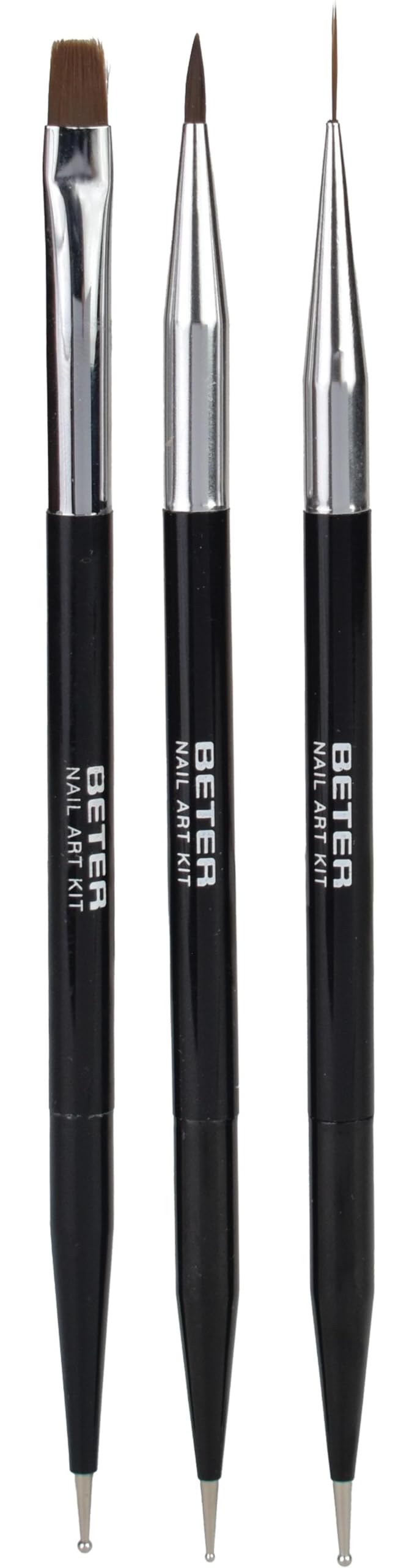 Beter - Set of 3 Dual-Ended Nail Art Brushes, Professional Nail Brush and Dotting Tool, Ideal for French Manicure, Fine Details and Gradients, Nail Art Decoration Kit, Nail Design