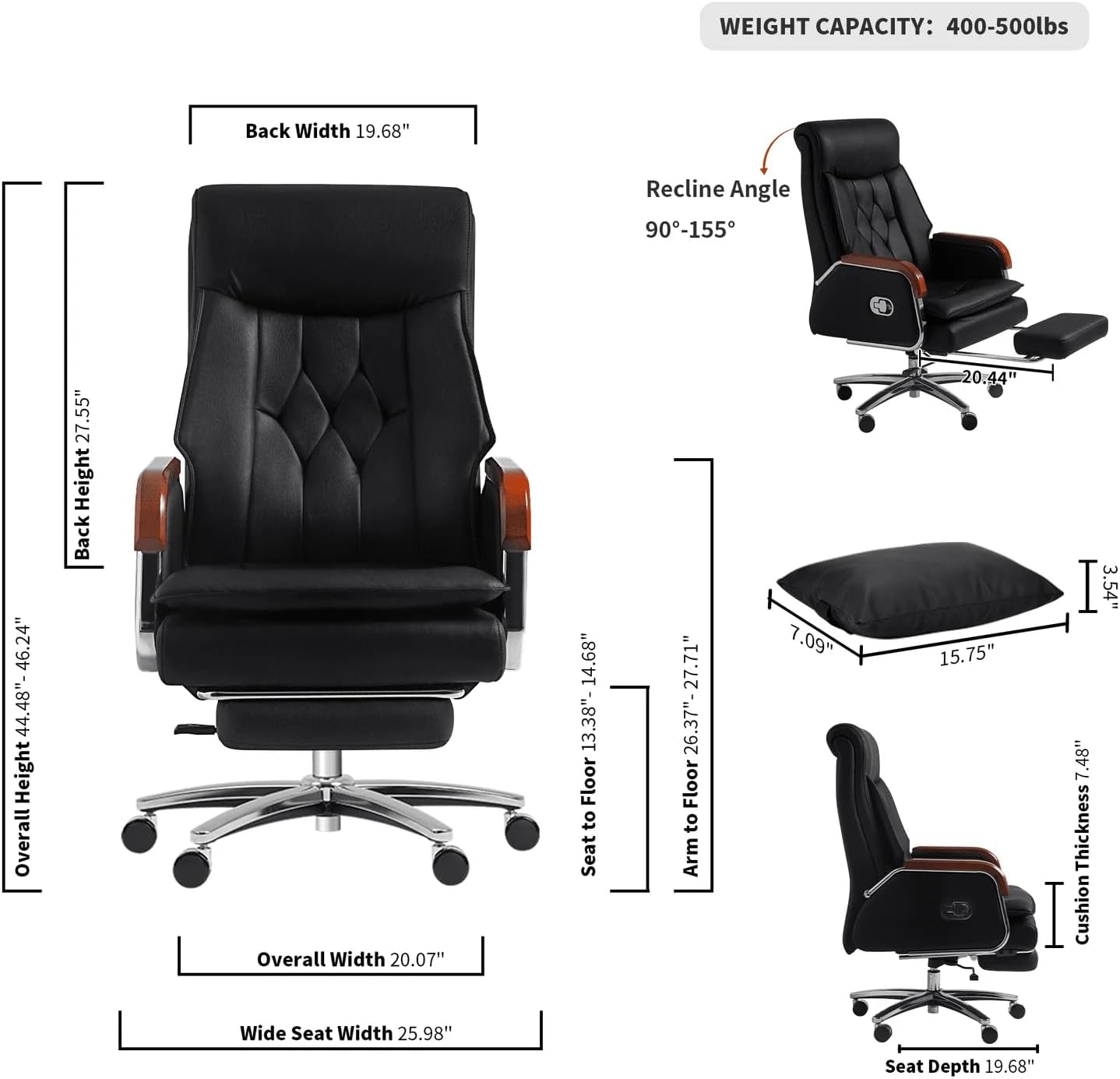 Kinnls Cameron Massage Chair Genuine Leather Executive Office Chair for Long Hours Ergonomic Home Chair Fully Reclining with Pillow,Retractable Footrest and Adjustable Headrest (Cowhide Leather-Black)