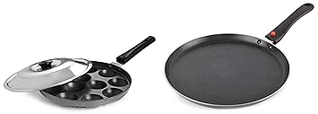 Cello Non Stick Dosa Tawa Induction Base with Detachable Handle, 280 mm Hammered Toned,Aluminium, Black & Cello Non-Stick 12 Cavity Appam Patra Single Handle with Lid