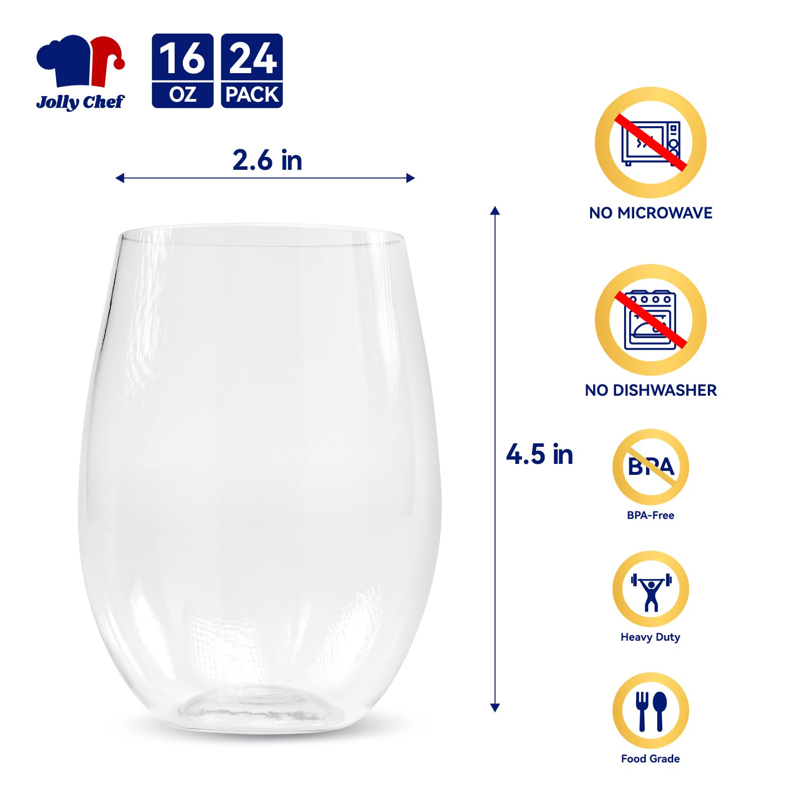 JOLLY CHEF Paquete de 24 copas de vino de plástico de 16 onzas, sin tallo, vasos de vino desechables | Calidad premium, reciclable, irrompible, ideal para bodas, cumpleaños, fiestas, Navidad