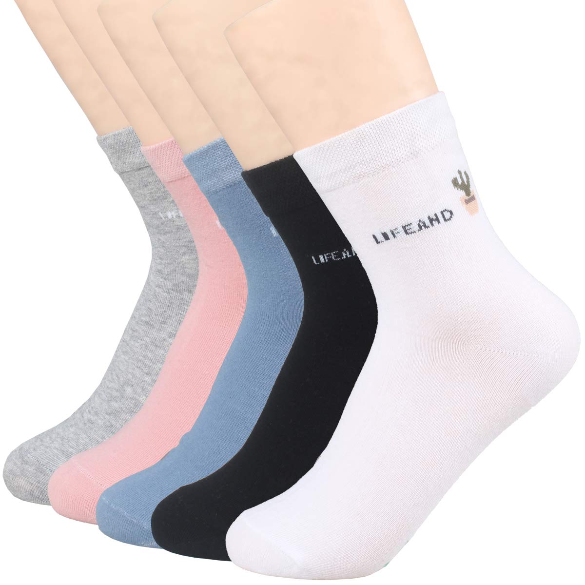 XSBQBC Womens Solid Color Soft Cotton Crew Socks Size 5-9 Pack of 5 (Solid 02)