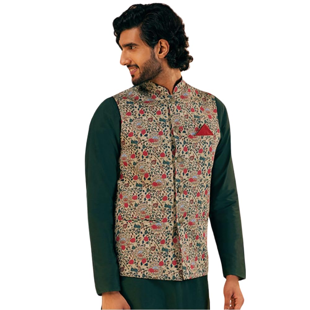 kisah Men's Nehru Jacket, Olive Cotton Blend, Printed Regular Fit Mandarin Collar Sleeveless-picture-17