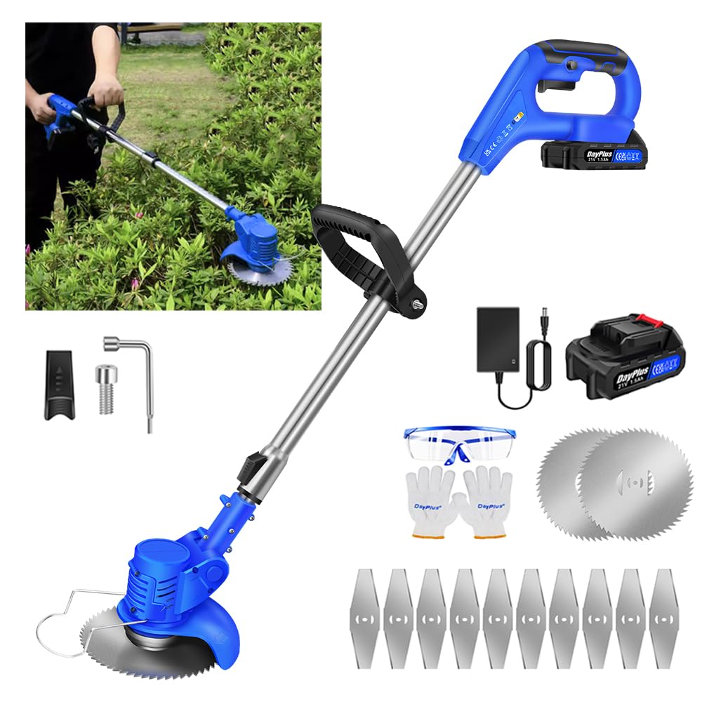 Cordless Grass Trimmer 21V Hedge Trimmer Cordless Strimmer with Battey and Charger, 10 Metal Blades, 2 Circular Saw Blades, Height Adjustable, Electric Grass Trimmer for Yard Lawn Garden Pruning