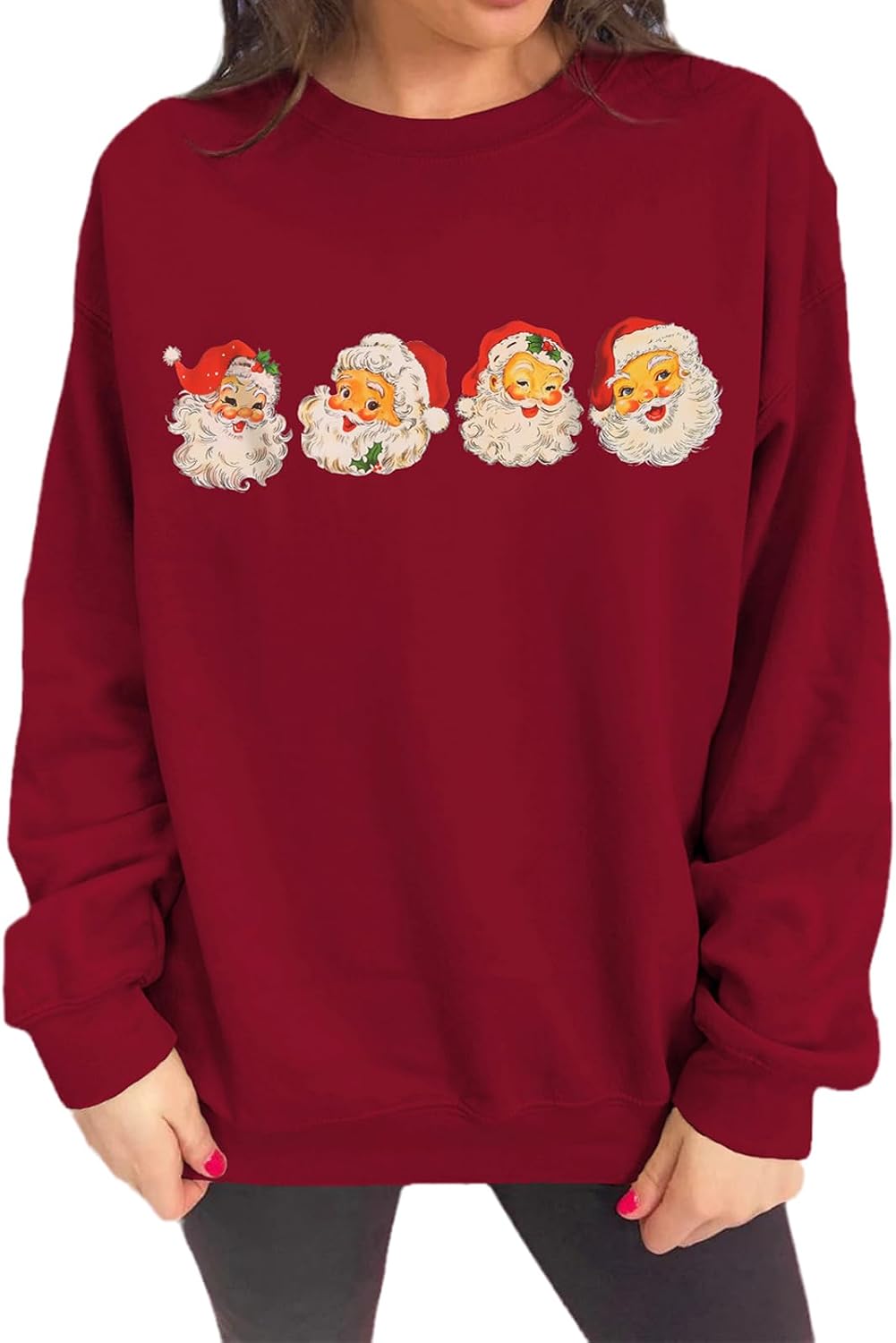 IZYJOY Women Christmas Santa Sweatshirt Retro Santa Claus Pullover Oversized Top Crewneck Long Sleeve Xmas Vacation Sweaters