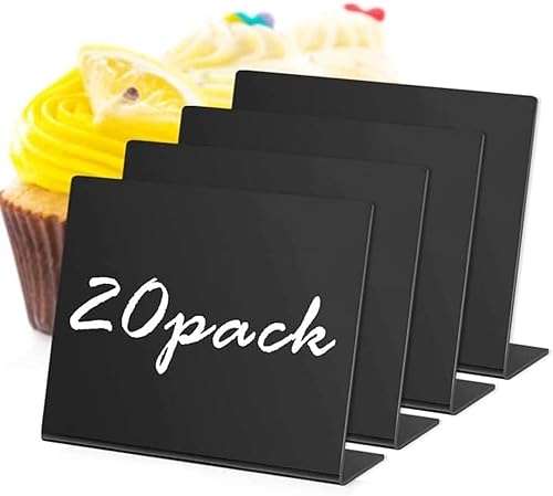 Thrseely Paquete de 20 mini letreros de acrílico para pizarra de mesa, letreros de pizarra de mesa negros, letreros de pizarra pequeñas para