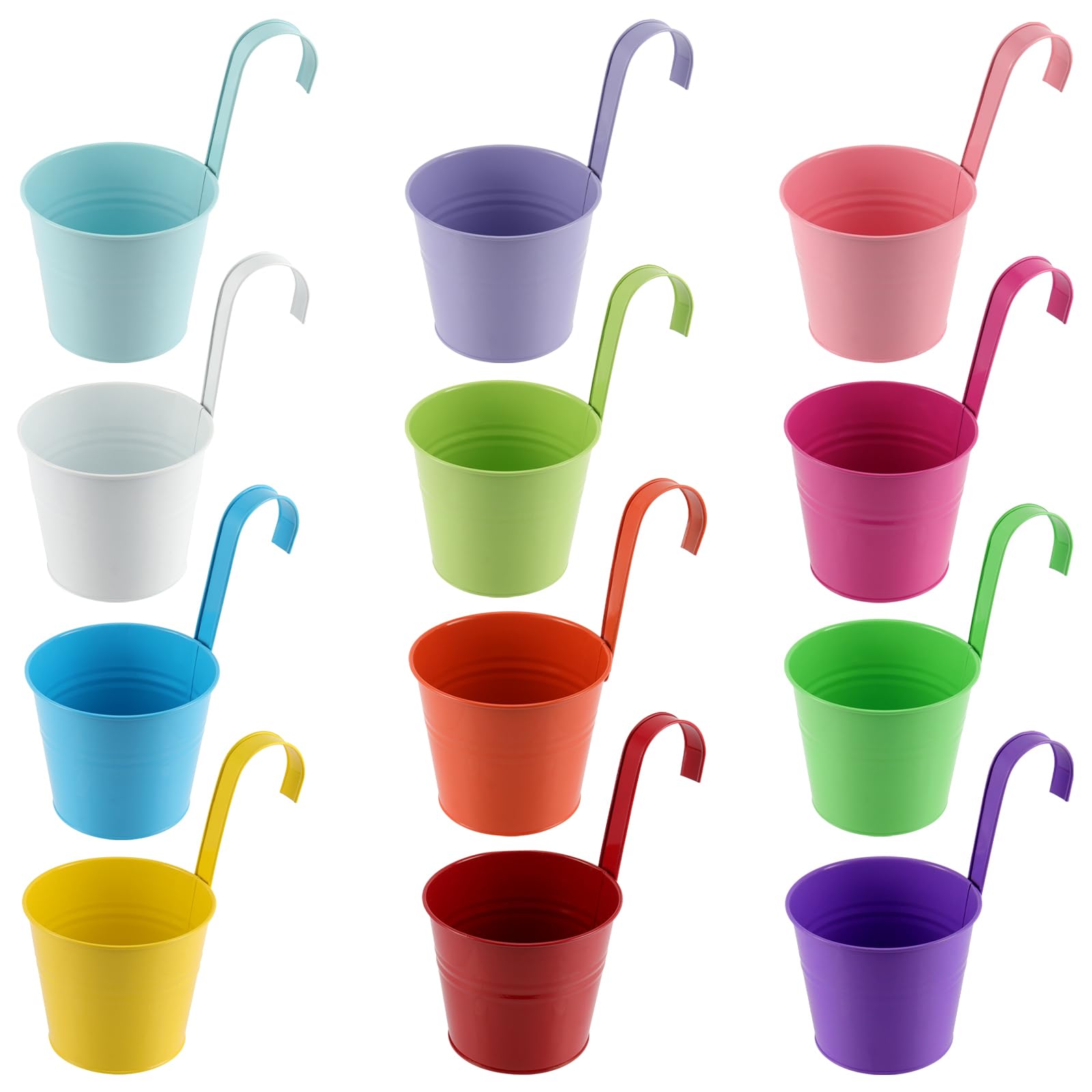 PINGEUI 12 Pack Metal Hanging Plant Pots, Hanging Flower Pots with Detachable Hook, Over Fence Plant Pot for Railing Balcony Fence Home Garden Decor, 12 Colors