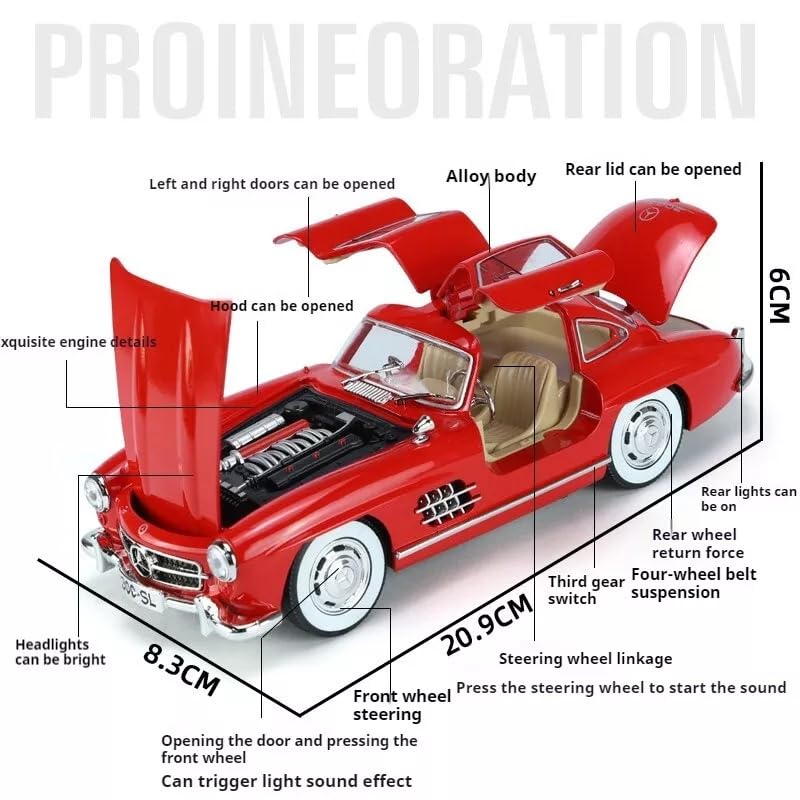 Image of BlackZone 1:24 Scale 1955 Mercedes-Benz 300sl Vintage Model Toy Car with Sound and Light Function, Children's Toy Model Car with Pullback Function, Collector's Quality (1:24 Red)