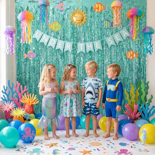 Image of TONIFUL 2Pcs Mint Green Blue Metallic Foil Fringe Curtain Laser Streamers | 3.3ftx6.6ft Ocean Themed Birthday Photo Booth Backdrop Door Streamer for Bachelorette Baby Shower Summer Pool Beach Party
