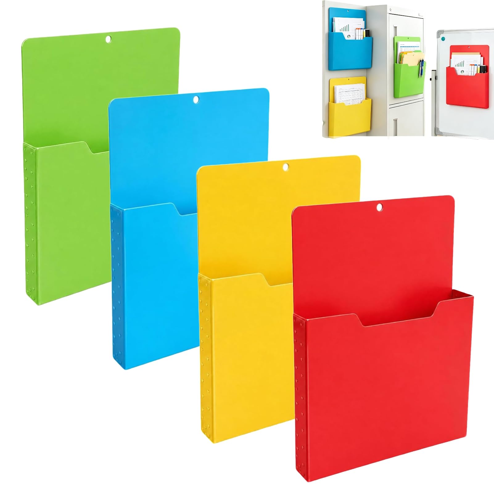 Magnetic File Holder, A4 Color-Coded Magnetic File Storage Pocket, Hanging File Organizer Office Supplies Storage for Cabinets, Whiteboard, Magnetic Mail Letter Folder for Refrigerator，Mix-4pcs