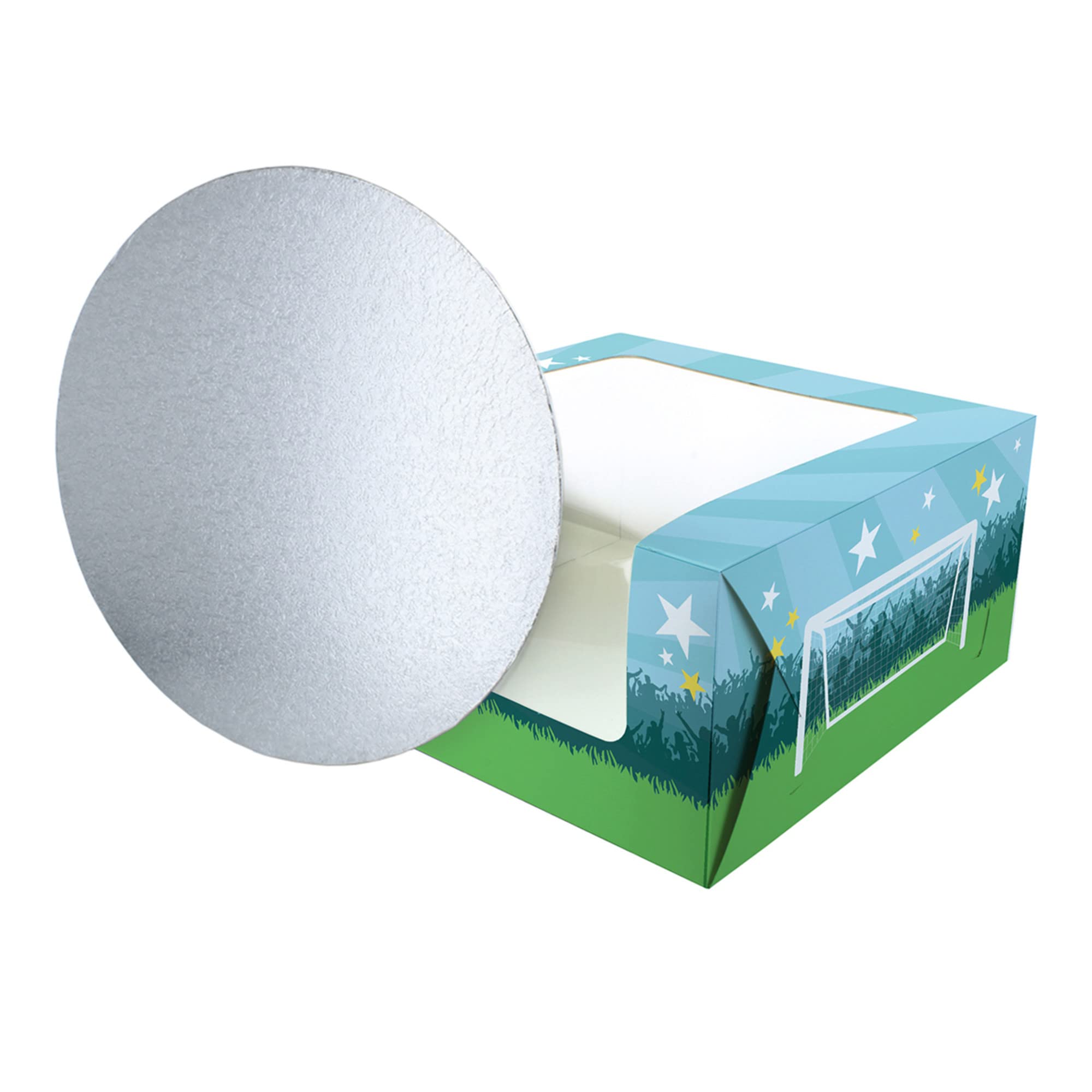Baked With Love Silver Football Printed Cake Box And Board, 10 Inch Colourful Windowed Treat Box And Card For Birthday, Celebrations, Parties. 10" Box And Board