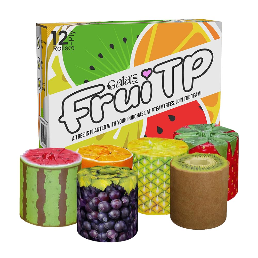 Gaias Premium FruiTP organiczny 100% bambusowy papier toaletowy, 3-warstwowy - przyjazny dla środowiska, zrównoważony bibuł, 12 podwójnych rolek i 370 arkuszy/rolka, opakowanie bez plastiku,