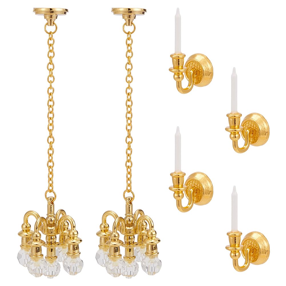 FREEBLOSS 4pcs Dollhouse Wall Light and 2pcs Chandelier Dollhouse Furniture Set Miniature Candle Accessories Miniature Furniture Set for Tiny Doll House Decor