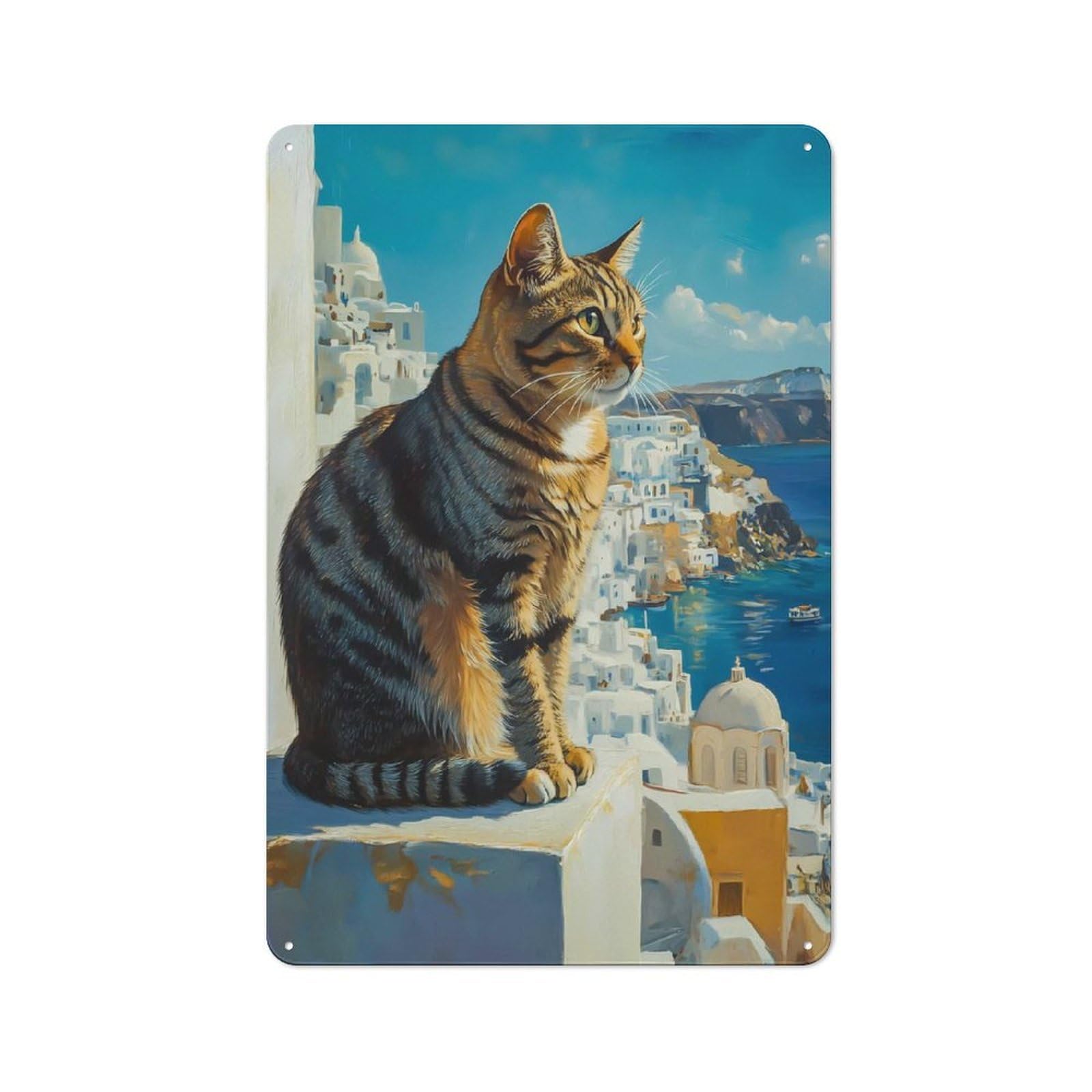 Junmoney Style-24 Cat Overlooking Santorini Printed Metal Sign 30X20cm For Pub Or Café, For Everyday Room Decor With A Retro Look