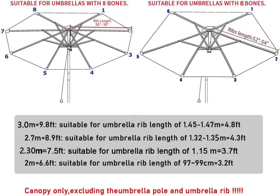 6.5ft 7.5ft 9ft 10ft Outdoor Table Market Yard Umbrella Replacement Canopy - 6 Ribs 8 Ribs Patio Umbrellas Canopy Shade Cloth- UV Protective Waterproof Parasol Top Cover