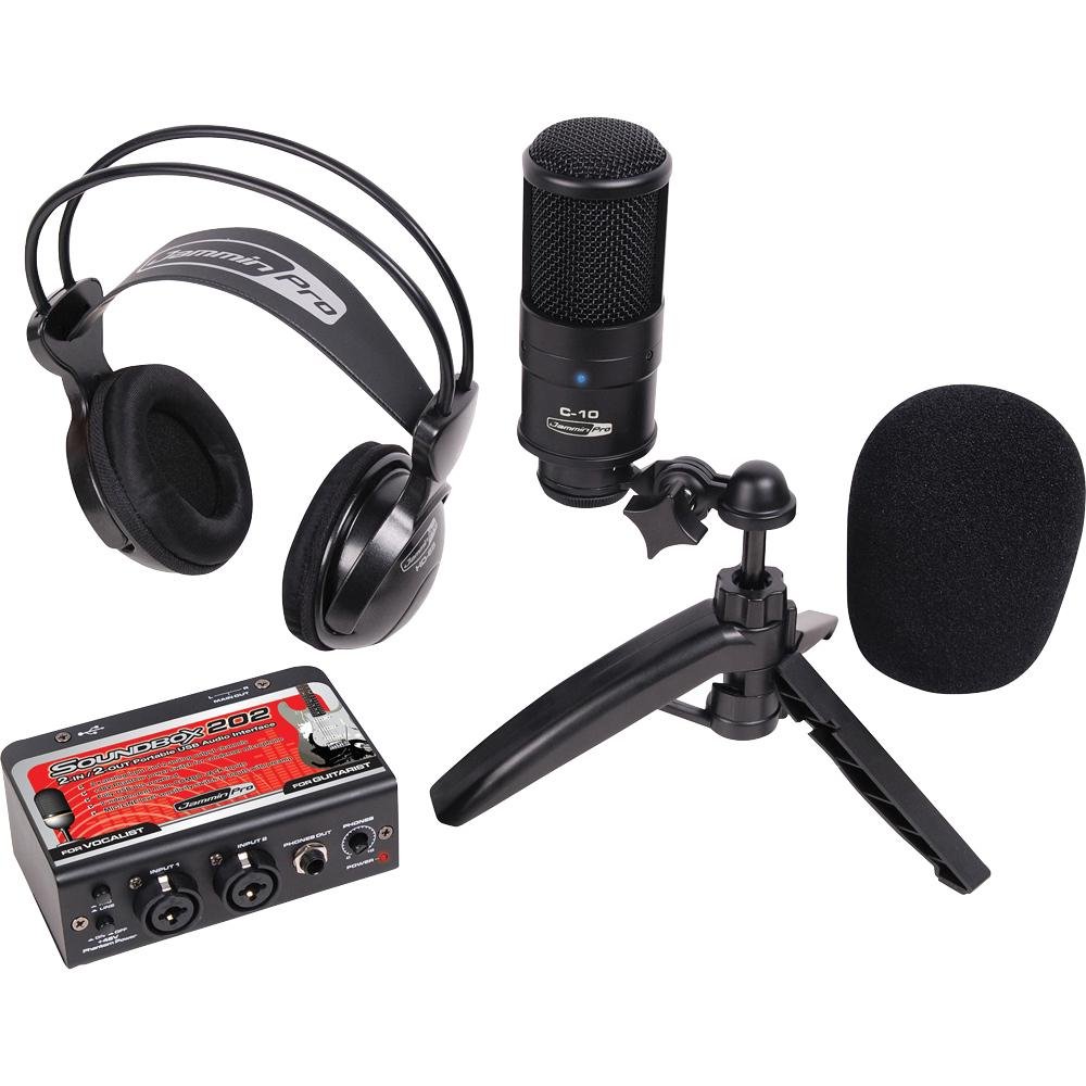 Jammin Pro StudioPack 202 components including USB audio interface, condenser microphone, and studio headphones.