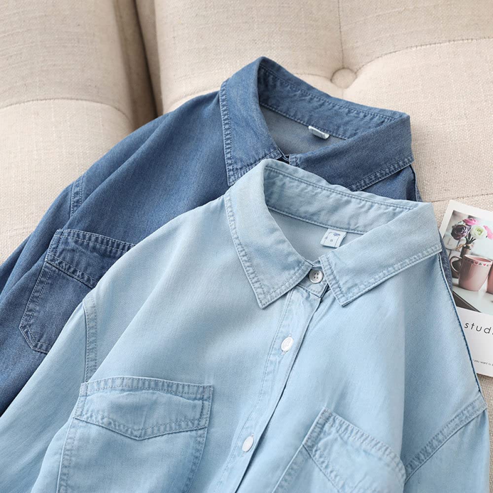 MIDJ Bluse Damen,Damen Denim Hemdjacke Basic Blau Seidenartige Weiche Jeanshemd Tunika V-Ausschnitt Lässiges Revers Businesshemd Lange Ärmel Vintage Knopf Übergangsjacke für Mädchen,Hellblau,S