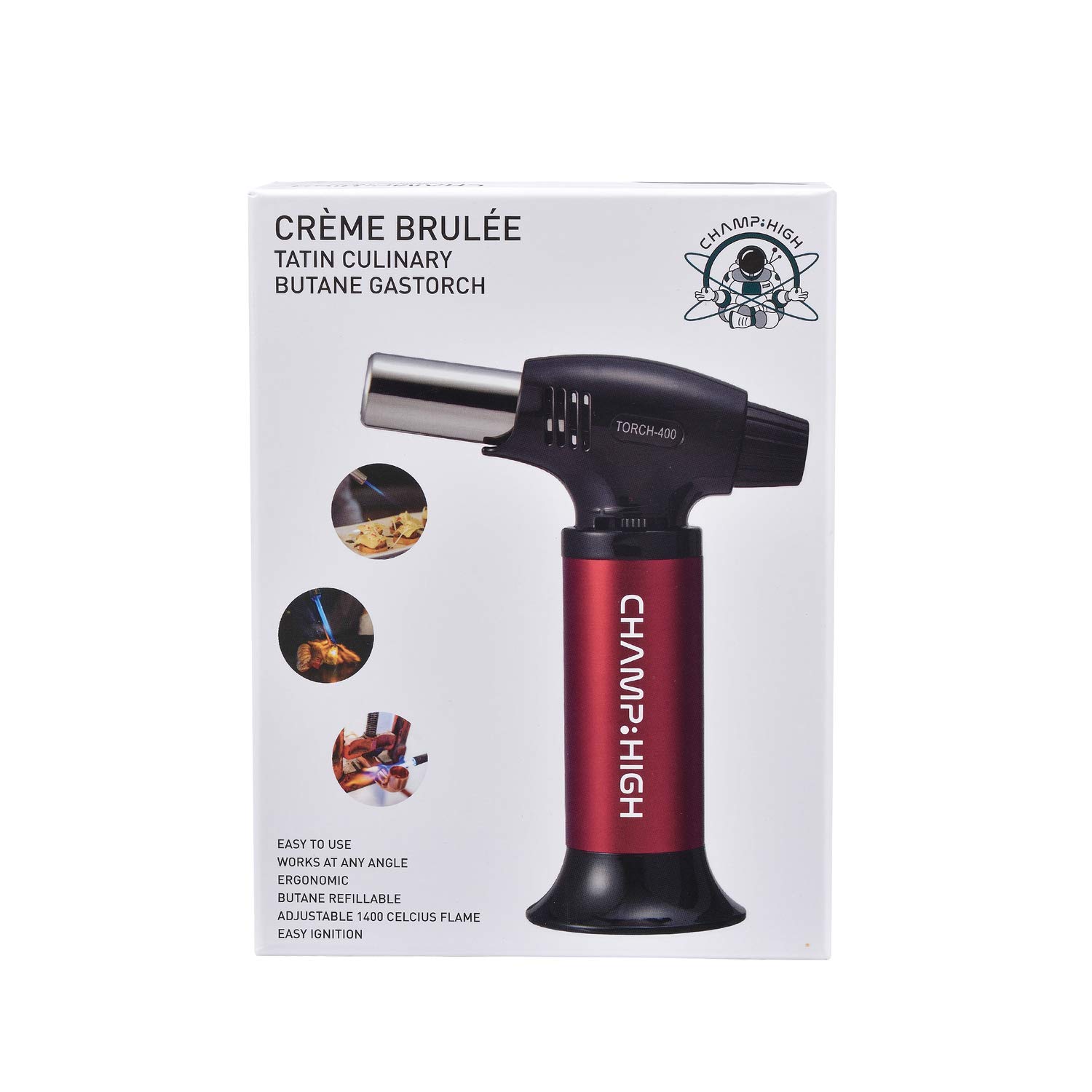 Chalumeau de Cuisine essionnel - Brûleur de Cuisine 15,5 cm - Flamme Réglable - Crème Brûlée, les Pâtisseries, les Desserts, le Camping - métal - Rouge