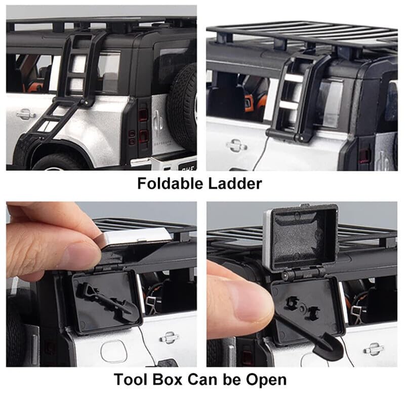 Image of Kids Model 1:24 Land Rover Defender Die Cast Metal Car Pull Back Action Opening Doors with Realistic Engine Sound Lights Toy Car Gift for Boys - Silver
