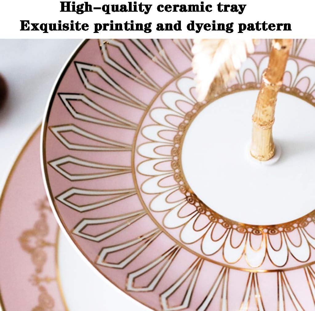 Cupcake Stand Desserts Stand Nordic Simple Double-Layer Candy and Dried Fruit Snack Rack Living Room Ceramic Cake Stand Fruit Plate Stand Coconut Tree Handle (Color : Pink B Size : 2 Layer)