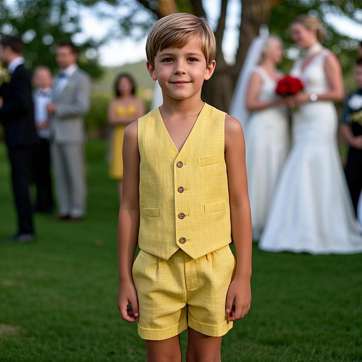 Traje de lino de 2 piezas para niños, chaleco y pantalones cortos, traje de verano para la playa, champán, 12 años