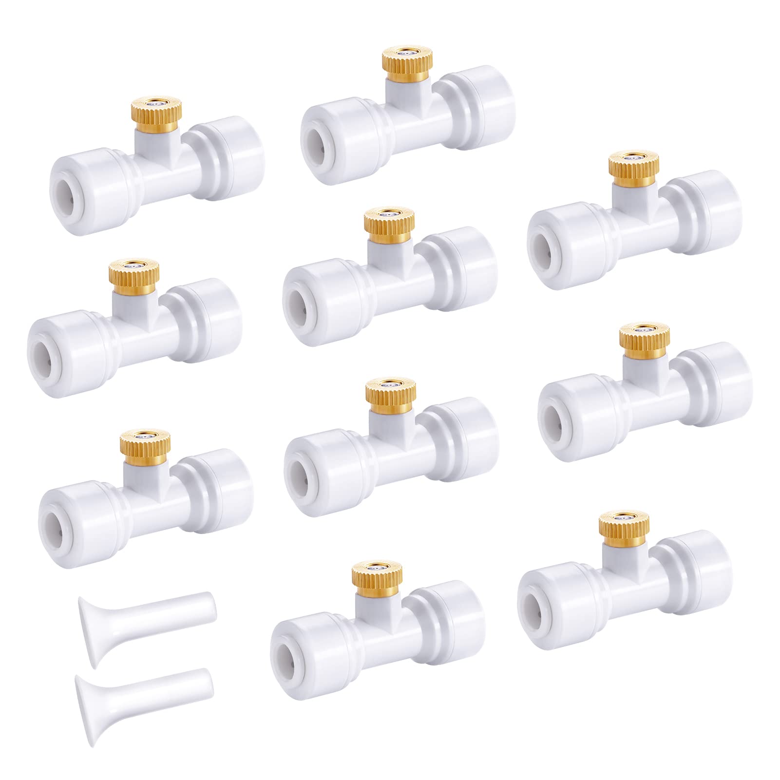 HOMENOTE 10 Pack Brass Misting Nozzles for Outdoor Cooling System, Mister Replacement Nozzles Tee and Plugs for 1/4" Tubing