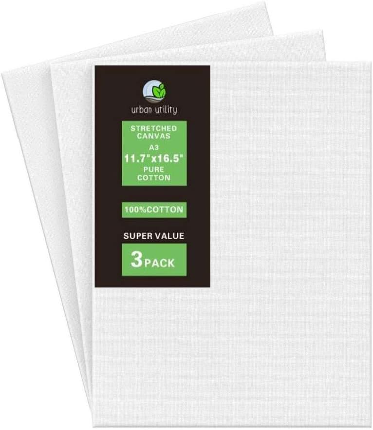 Urban Utility Stretched White Blank Canvas A3 11.7 x 16.5 in (Pack of 3), Primed Cotton, for Painting, Acrylic Pouring, Oil Paint & Wet Art Media, Canvases for Artist, Hobby Painters & Beginner
