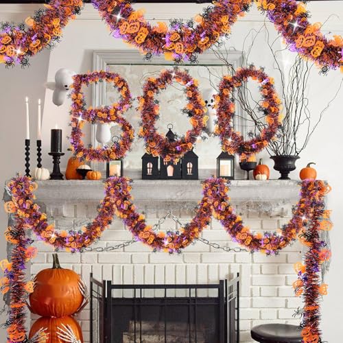 Image of 33 FT Halloween Tinsel Garland Decorations,Orange Purple Black Halloween Garland with Pumpkins, Bat, Spider Shiny Metallic Garlands for Indoor Outdoor Decorations