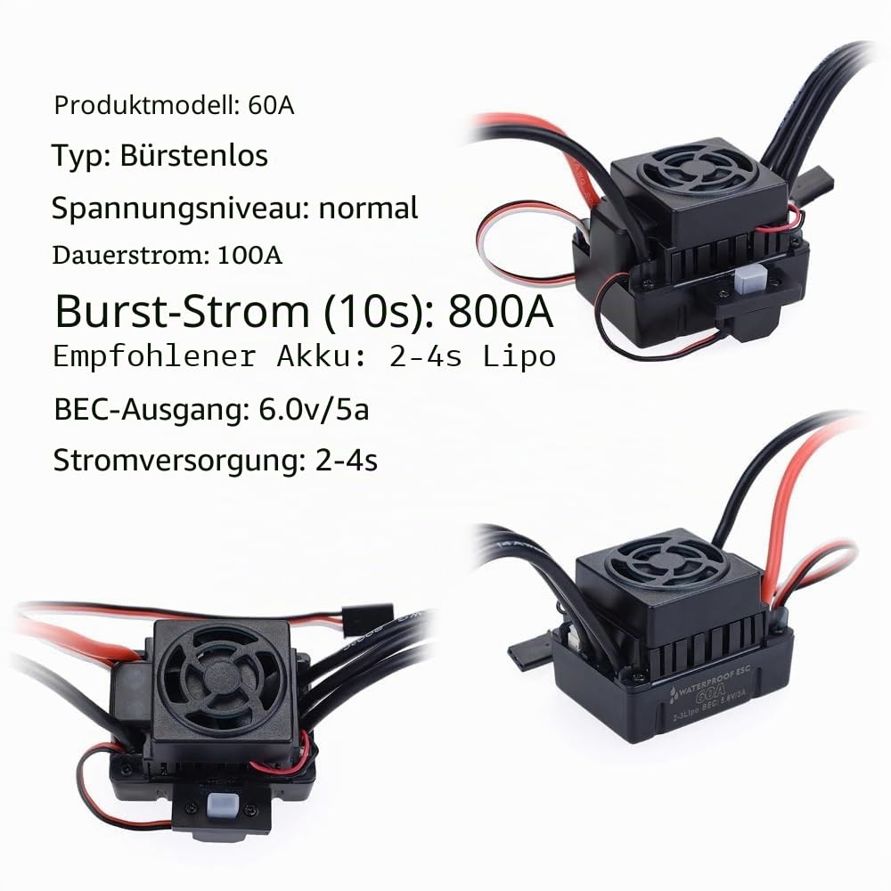Bürstenloser Motor 3650 3900KV mit 60A ESC Set Wasserdicht Staubdicht Antriebssystem mit Überhitzungsschutz für 1/10 RC Auto LKW Buggy Truggy Tourenwagen Ersatzteile