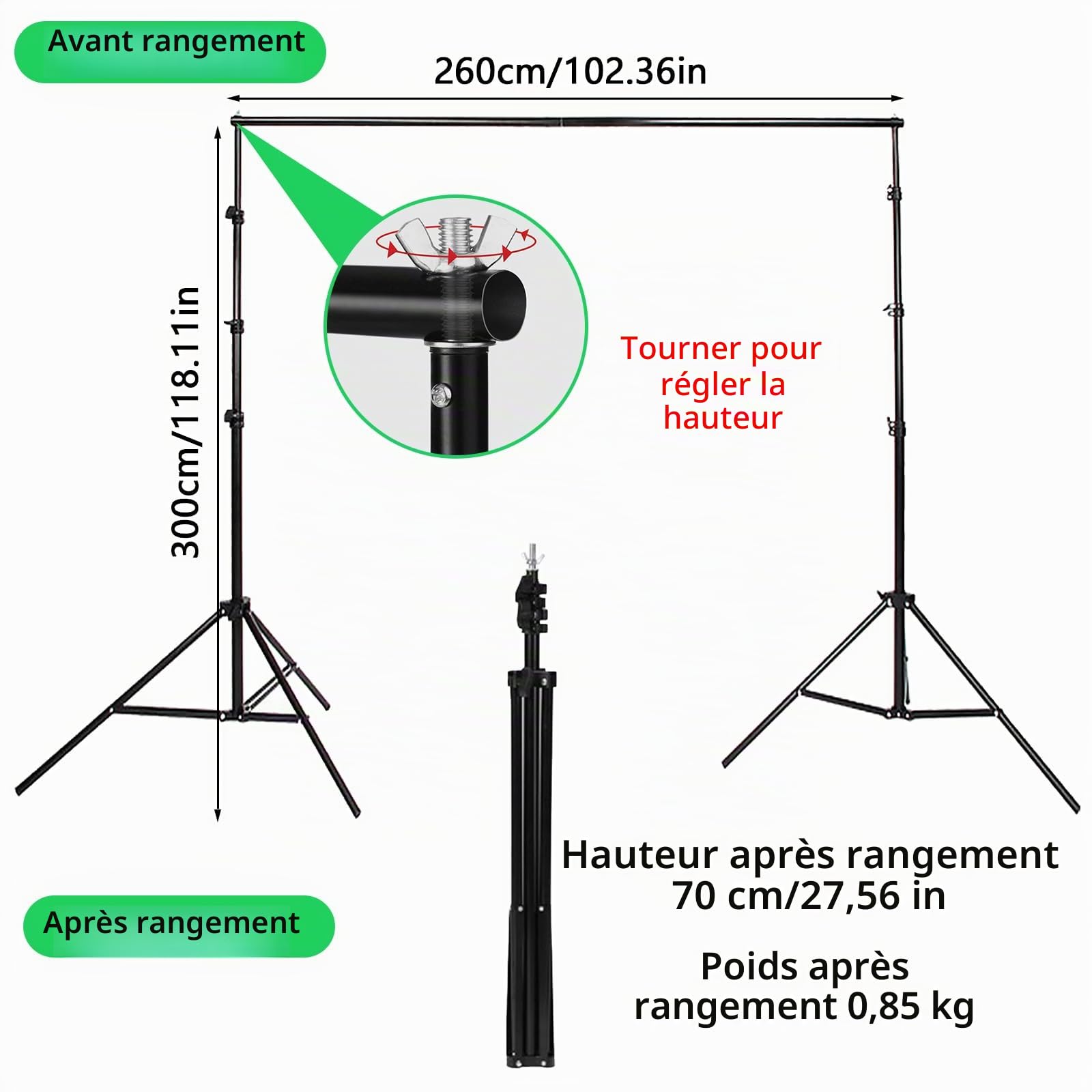 Fond Vert avec Support, 3 x 3 m écran Vert avec Support de Fond Réglable de 2,6 x 3 m et 4 Pinces de Fond pour Prise de Photo Streaming Vidéo de Jeu