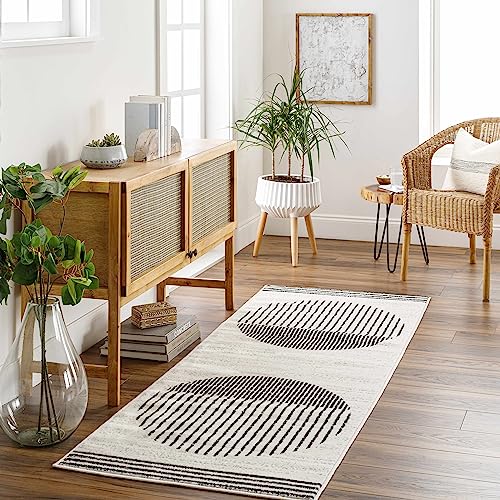 BoutiqueRugs Angus Black and White Modern Abstract Geometric Runner Rug - Contemporary Striped Rug for Hallway, Kitchen - Black, Charcoal, Light Gray, Cream - 2'7
