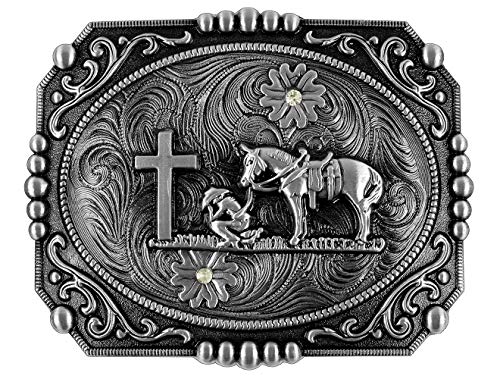 Moranse Religion Cross Cowboy And Horse Design Belt Buckles (Square Silver)