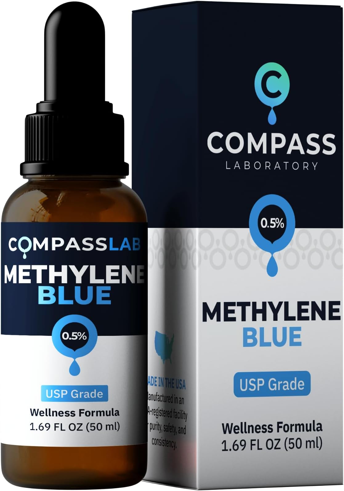 COMPASS LABORATORY Methylene Blue Pharmaceutical Grade, USP Grade, Third-Party Tested Dietary Supplement for Humans, No Formaldehyde, Made in USA (0.5% 50ml Bottle)