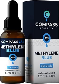 COMPASS LABORATORY Methylene Blue Pharmaceutical Grade, USP Grade, Third-Party Tested Dietary Supplement for Humans, No Formaldehyde, Made in USA 0.5% 50ml Bottle