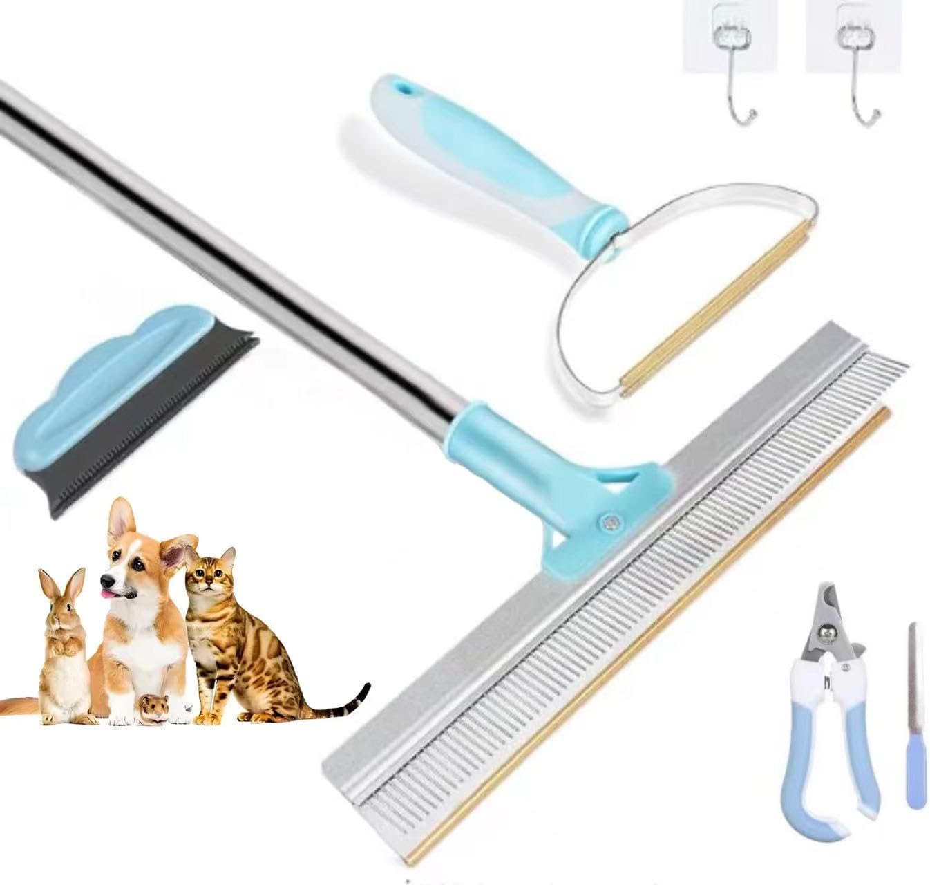 Highnesson-Ww Blue Pet Hair Remover Set, Carpet Rake For Removing Pet Hair, Carpet Scraper, Three Different Sizes For Carpets, Sofas, Cars And Clothes