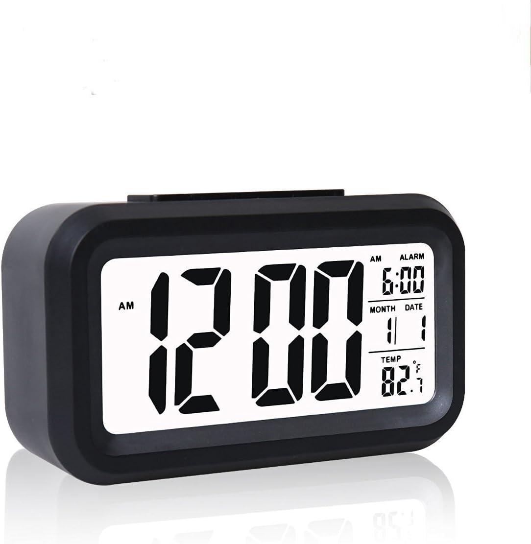 Smart LED Digital Alarm Clock Snooze 5 Minutes, Soon Stop Alarm Buttons,with Date,Temperature,Sensor Light-Black