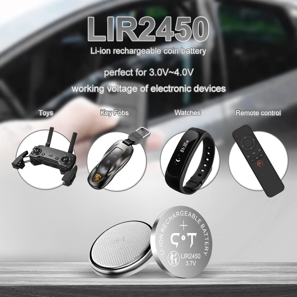 LIR2450 Lithium-Ionen-Batterien 4 Stück 3.7V wiederaufladbar mit Münzzelle-Ladegerät, das cr2450 3v ersetzt-mit Verschließbarem Aufbewahrungsbox für mehr Sicherheit
