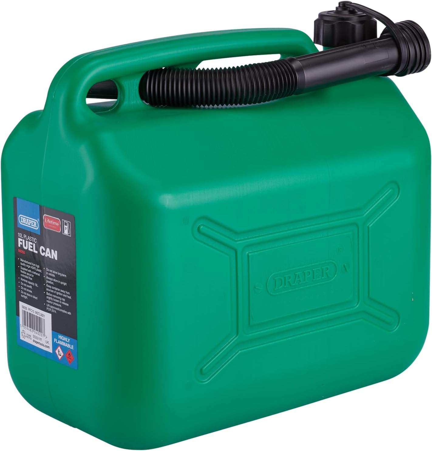Draper 10L Plastic Petrol Can 290mm Spout Length Jerry Fuel Diesel Can